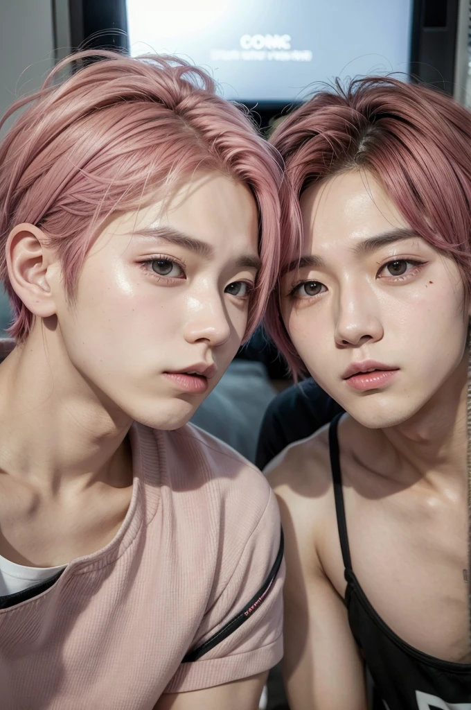 Two kpop boys with pink hair