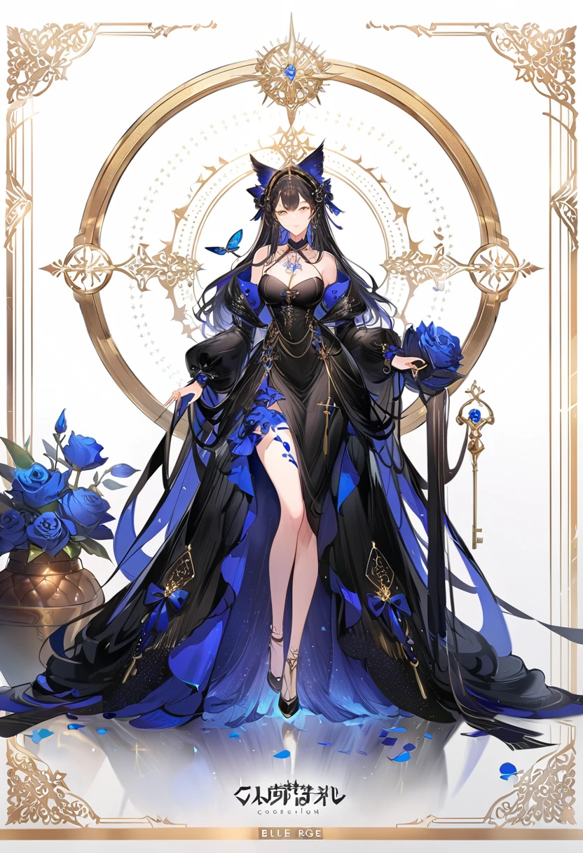 gothic nun, giant breasts, woman in black dress, Cute girl in beautiful clothes, Beautiful full body concept art, Beautiful and charming woman, Woman full body art, Gu Weiss, Beautiful woman, Digital Art on pixiv, Full body illustration, Kushat Krenz Key Art Womenswear, Full body fairy, Exquisite face Gorgeous face Exquisite face, Blue Rose Theme , blue rose petals,(Exquisite makeup:1.2)