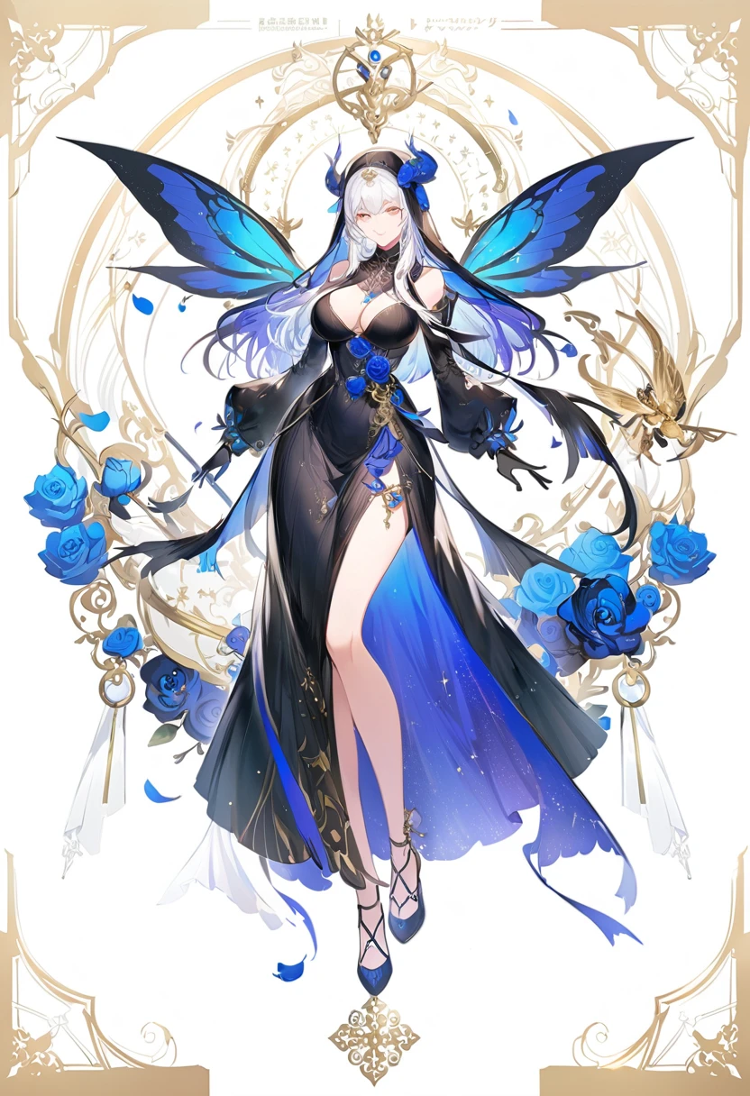gothic nun, giant breasts, woman in black dress, Cute girl in beautiful clothes, Beautiful full body concept art, Beautiful and charming woman, Woman full body art, Gu Weiss, Beautiful woman, Digital Art on pixiv, Full body illustration, Kushat Krenz Key Art Womenswear, Full body fairy, Exquisite face Gorgeous face Exquisite face, Blue Rose Theme , blue rose petals,(Exquisite makeup:1.2)