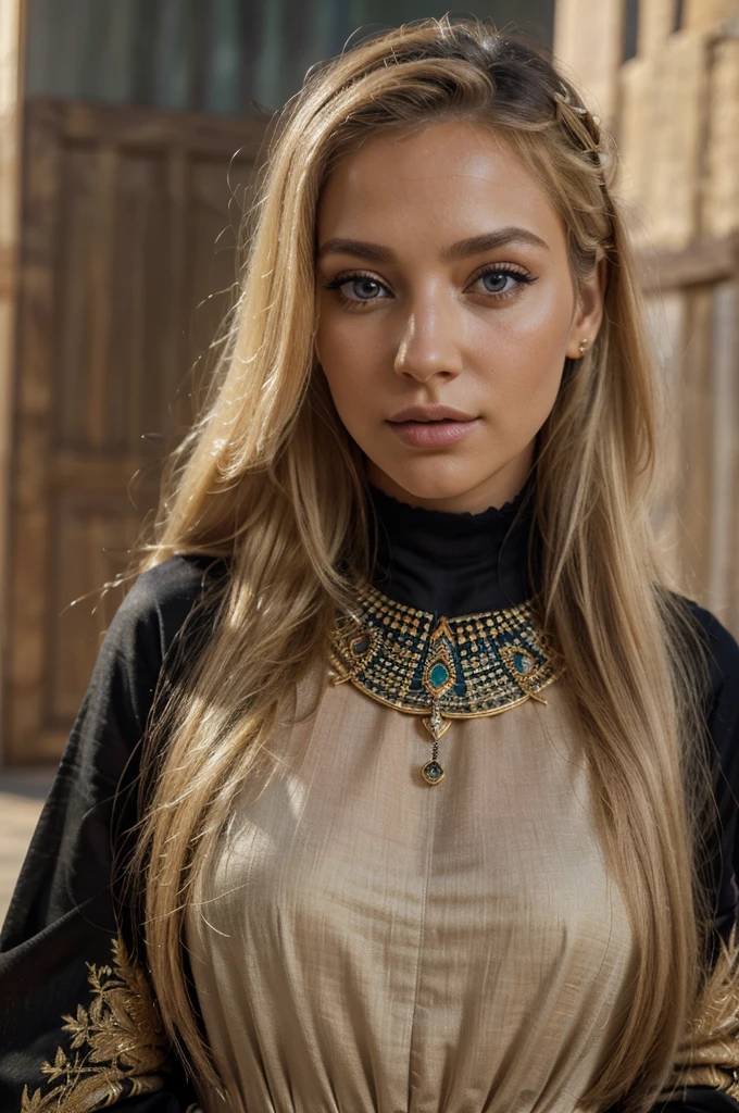 a beautiful blonde woman, beautiful golden blonde hair, detailed eyes, beautiful detailed lips, extremely detailed face, long eyelashes, in the country of Egypt, wearing a long black arab dress which goes to her feet, (best quality,4k,8k,highres,masterpiece:1.2),ultra-detailed,(realistic,photorealistic,photo-realistic:1.37),HDR,UHD,ultra-fine painting,sharp focus,physically-based rendering,extreme detail description,professional,vivid colors,bokeh,portrait, vue sur les pyramides en arrière plan, photo prise par un photographe, le cheveux porter par le vent, les mains derrière le dos