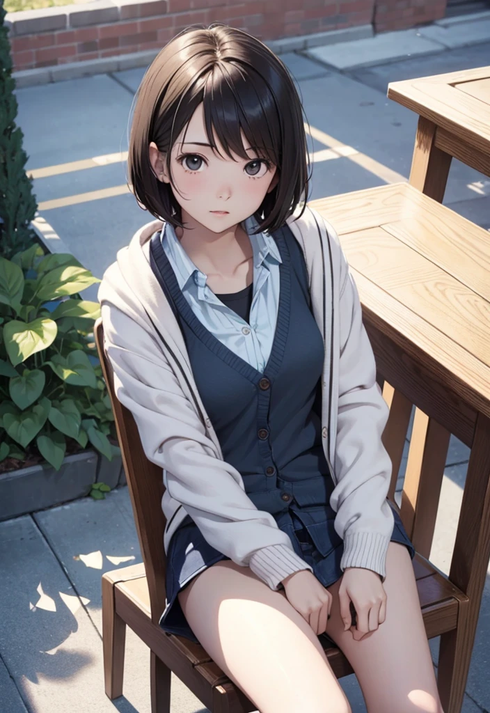 Masterpiece top quality high resolution、(cardigan), Sit with your knees bent、Beautiful legs 、On campus、As if looking up from below、Embarrassing,White panties,Semi-short hair,Spread your legs