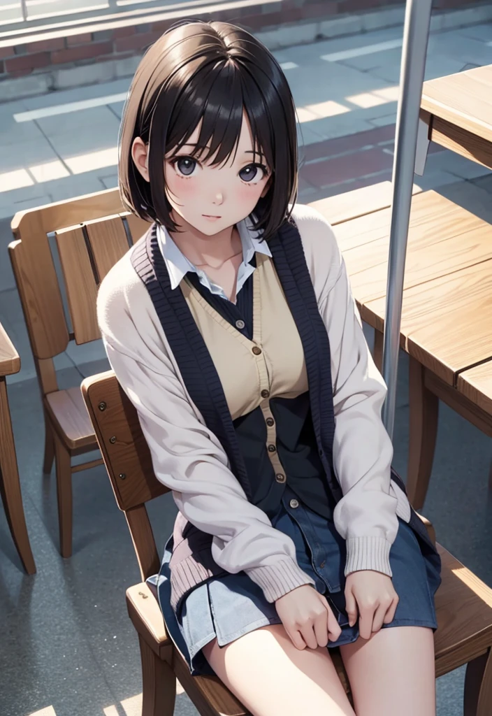 Masterpiece top quality high resolution、(cardigan), Sit with your knees bent、Beautiful legs 、On campus、As if looking up from below、Embarrassing,White panties,Semi-short hair,Spread your legs