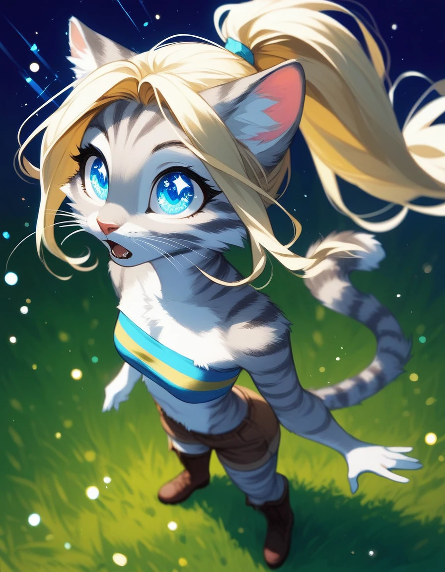 Solo, score_9,score_8_up,score_7_up, source_furry, kat, Anthro furry feline, big blue sparkling eyes, colorful sparks in her eyes, shimmering eyes, blonde hair, (ponytail hair), pink nose, :3, white whiskers, silver fur with grey stripes, furry body, wearing blue bandeau, brown short shorts, brown boots,  standing, from above, amazed expression, looking up at the sky, on a grassy field, night time,  mouth open, :o, curious expression, standing in a neutral position