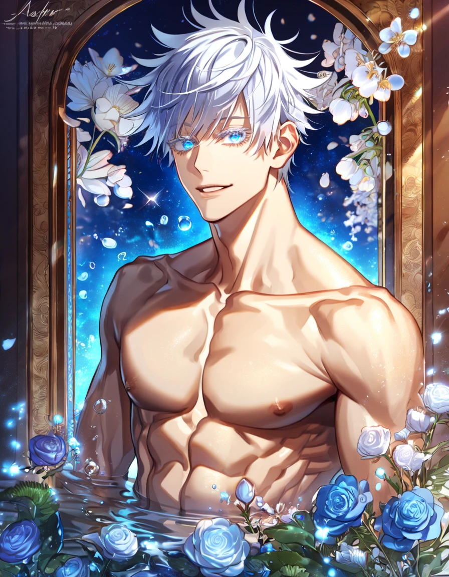 absurdres, highres, ultra detailed, HDR, master piece, Gojou Satoru, white hair with bangs, expressive blue eyes, white eyelashes, without shirt, Jujutsu Kaisen, sexy man, handsome, best quality, blue moon, flowers, fantasy, magical, solo, water, blue shining fireflies, blue petals, handsome smile, toned chest, bare chest, glass