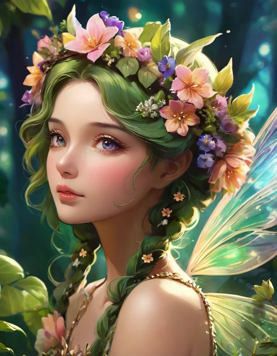 Close-up of a woman wearing a flower crown on her head, Beautiful fairy, Fairy portrait, Fairy portrait, Beautiful digital artwork, Beautiful fantasy art portrait, Beautiful fantasy art, Beautiful digital art, Beautiful fairy, Fantasy art style, Beautiful fairys, beautiful fantasy portrait, Amazing digital art, Digital fantasy art ), Fantasy Art Behance