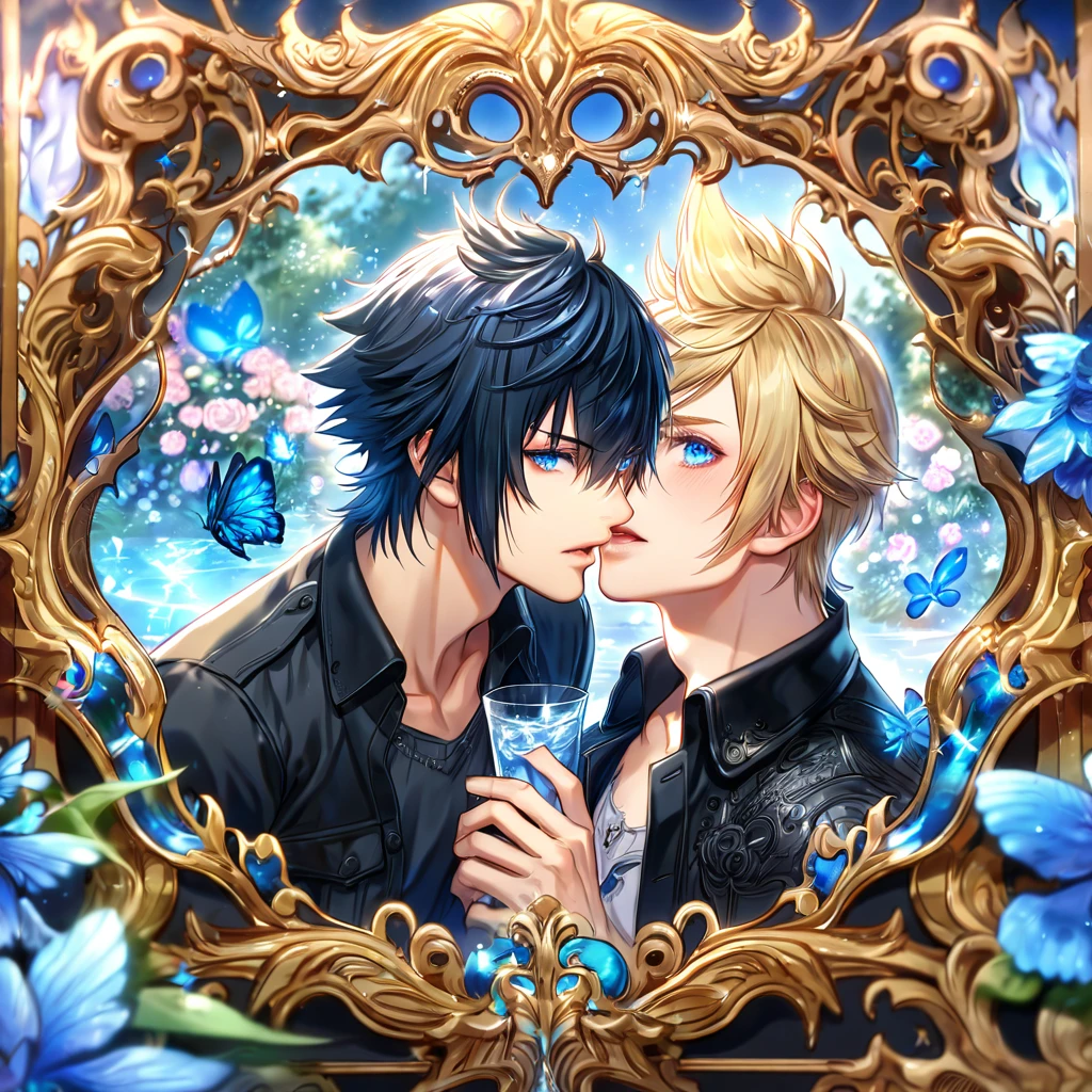 absurdres, highres, ultra detailed, HDR, master piece, best quality, extremely detailed, Noctis Lucis Caelum, black hair, expressive blue eyes, Final Fantasy XV, Prompto Argentum, blonde hair, expressive blue eyes, two sexy men together, gay couple, yaoi, handsome, black clothes, fantasy, magic, sparkling, water, glass, blue moon, blue flowers, blue butterflies, blue petals, garden