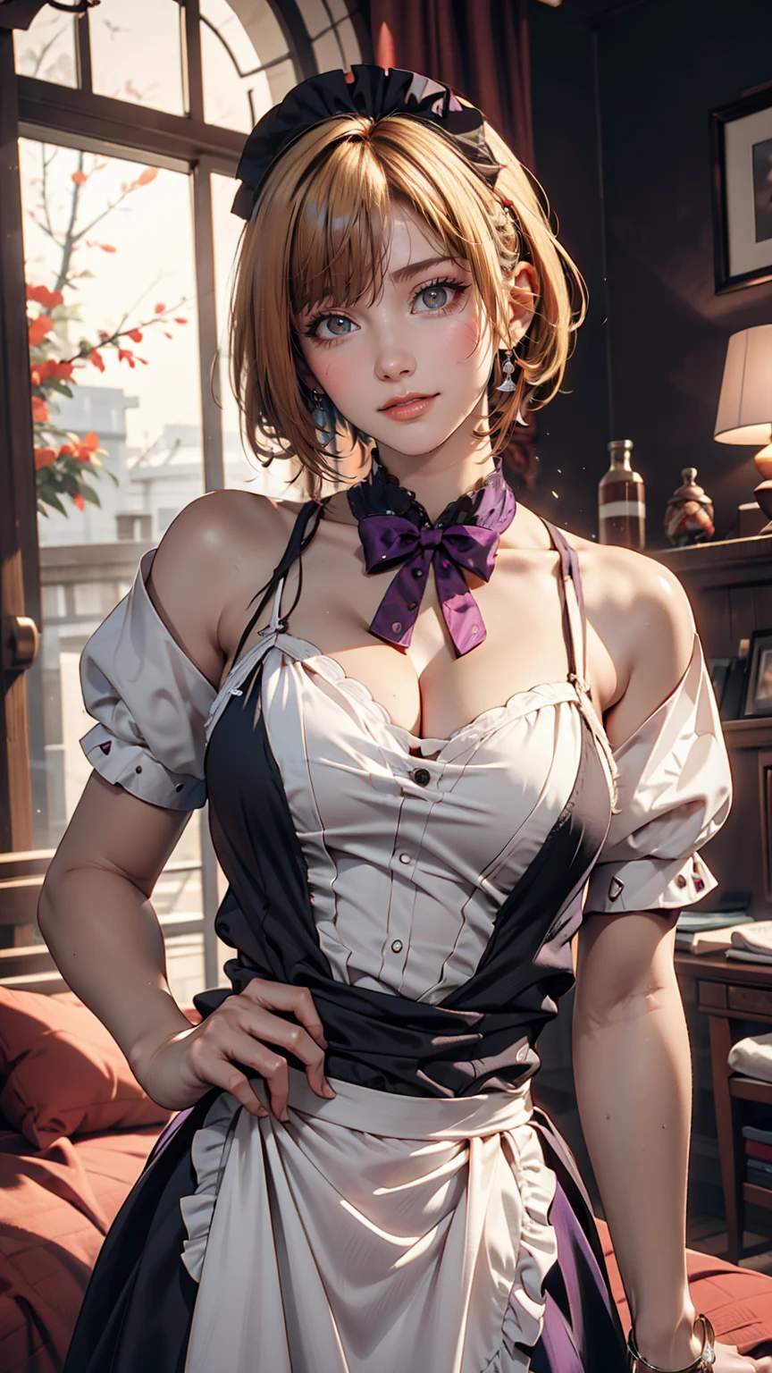 Maid, Blonde, Purple eyes, smile、Headdresaid服、Red hair、Pixie Cut、Sexy proportions、Sexy