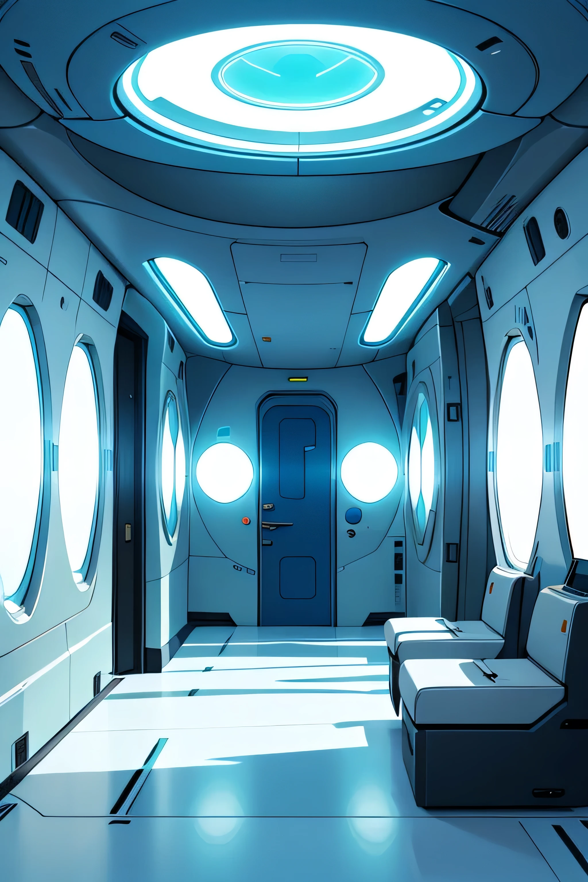 a very long sterile looking curved room with 5 futuristic transport pod modules on the wall. there is a small door at the end of the room