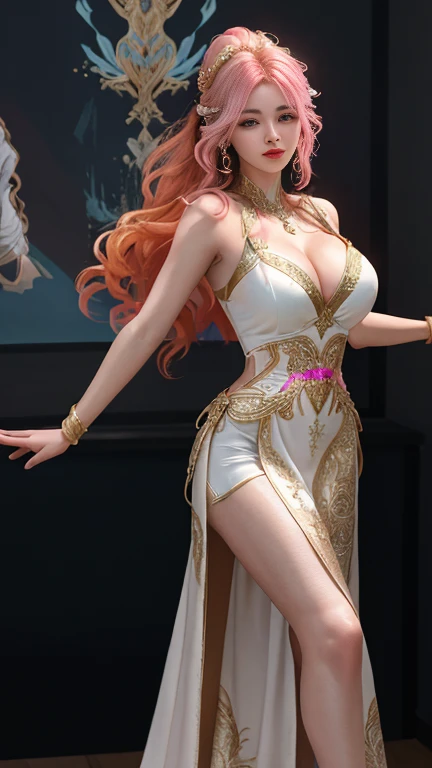 High-quality work，Realistic works，Super premium graphics，8K HD CG works，high quality graphics，High-definition and exquisite CG works，10x pixels，Ultra-fine details：1.1，Advanced technical details：1.1Realistic photo effects，Interior lighting effects：1.5，natural soft light：1.5. Light effect（Virtual light effects：1.8），ultra high resolution，shining dress，sliver long hair，silber hair，transparenthair，high detailed hair（Quality hair details：1.1）Clear eyes，Double eyelids look good，Sharp eye makeup, Create exquisite eyelash makeup, tthin eyebrows, Ultra-detailed eyes，a tall nose, lovely red lips, rosey cheeks, With delicate makeup on her face , pretty face, The face shape is perfectly proportioned,（Advanced facial details：1.1）（Front Focus），Surrealist portraits of women by David Hockney and Alphonse Mucha，((ultra gigantic tits))、((Upper body naked))、( Exposed)、(((Royal Pool)))、((Engaging pose))、Fantasyart，the witch、(((Orange braided hair)))、Orange hair、((Sexy embroidered pink and gold and white dancer costume))、((High quality pink and gold and white dancer costume with sexy embroidery))、((Sexy Dancer、High quality pink and gold and white dancer costumes with less embroidery on the fabric))、Sexy embroidery beautifully embroidered on pink and gold and white dancer costume，Decorated with fine dancer costumes and fine jewelry with fine embroidery，photographrealistic，dynamic lighting，art stations，poster for，Volumetriclighting，extra detailed face，4 k''，((Colossal tits))、With diamonds，Sexy thighs，exposing the abdomen ,Chest 1 Girl, In the Dark, deepshadow, low tune, Cowboy Shot,(official clothing:1.4), The eyes are confused and seductive，legs separated，Women's artwork，Dress full body video，Realism，Amazing Cleavage，My eyes are very bright today