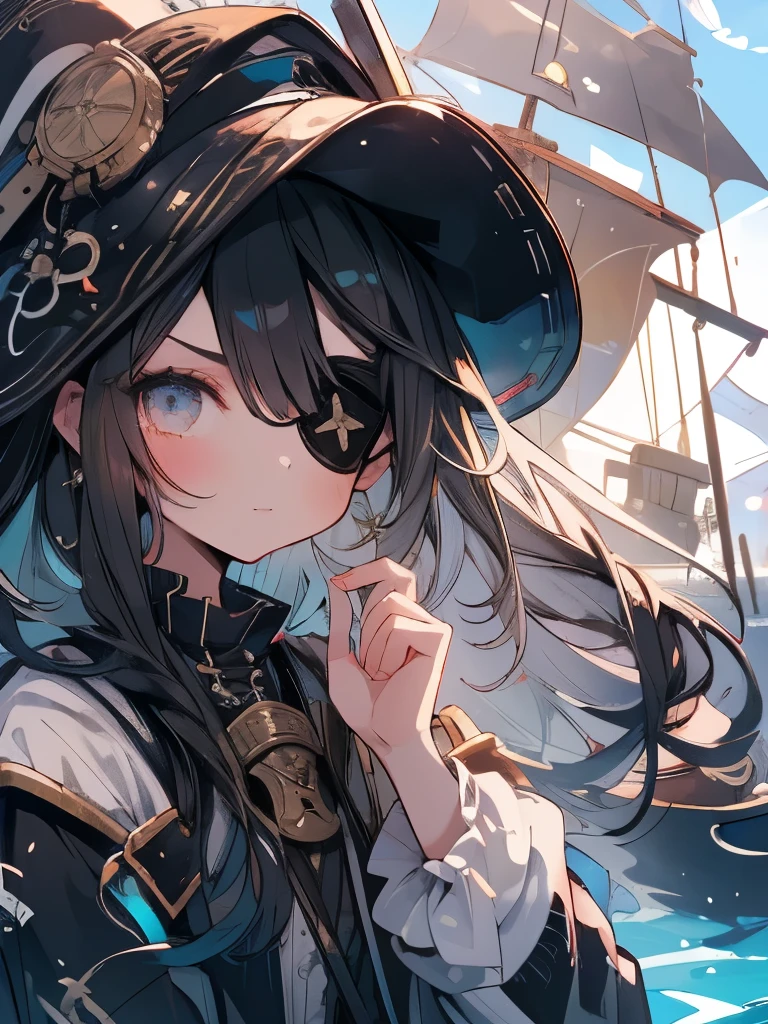 masterpiece、girl、Black Hair、Ocean賊の服、Wear a tricorn hat、((Black eyepatch))、Serious face、Ocean、On the boat、Upper Body