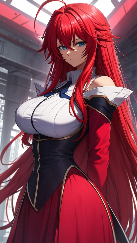 ​masterpiece, top-quality, hight resolution, Rias Gremory, 1girl in, length hair, red hairs, Ahoge, blue eyess, large round breasts, Very long hair, strong, fuchsia colored clothes