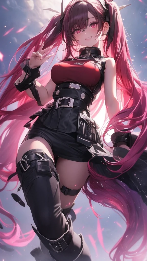 long-haired girl with pigtails, vermilion hair, perfect body, metallic mouth cover, metallic robot arms, red-purple eyes, military top, big breasts, beautiful thick thighs, purple-red and black clothing, military boots, many belts , holds a futuristic laser cannon, has war scars, pose holding a rifle, full body focus, high definition details, dynamic lighting, rtx, military base background.