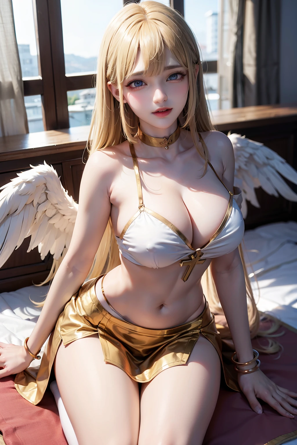 Women, early 20s, long silky blonde hair, angel wings, white silk clothes, skirt, thighighs, gold armlet, gold bracelet, blue eyes, seductive look, greek clothes, cross-neck midriff, short skirt, big breast, thighlet, bedroom.