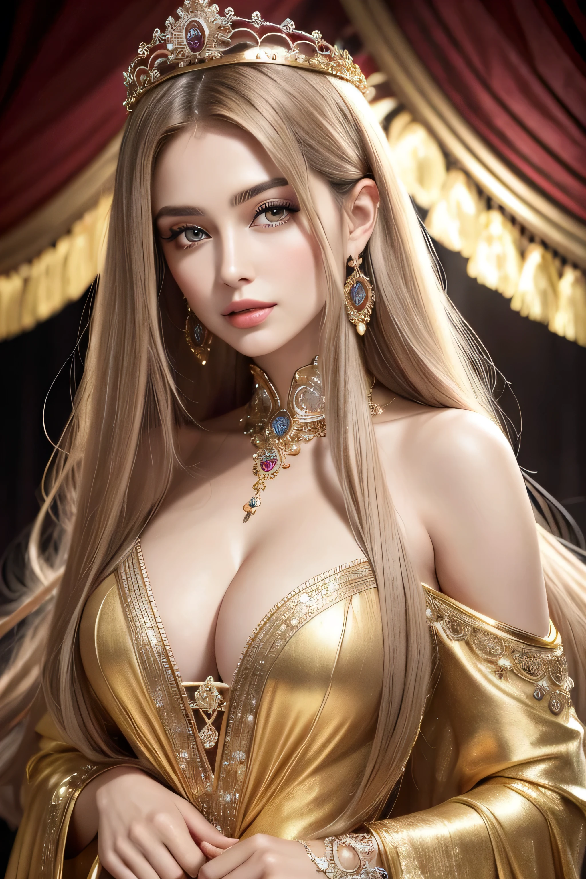 absurdrez, ultra detali, high qualiy, work of art, face detailed, gorgeous eyes(detailedeyes), greek mithology, goddess, hera , the queen of the gods, impressive and captivating, features are classically beautiful, with high cheekbones, a face of perfect proportions, eyes portrayed as large and captivating, keep an intense gaze, golden hair , Gole hair is lush and flowing, cascading down the coast in waves,wearing elegant robes adorned with intricate patterns ,Your beauty is not only superficial, but embodies the essence of power, autoridade, and royalty.