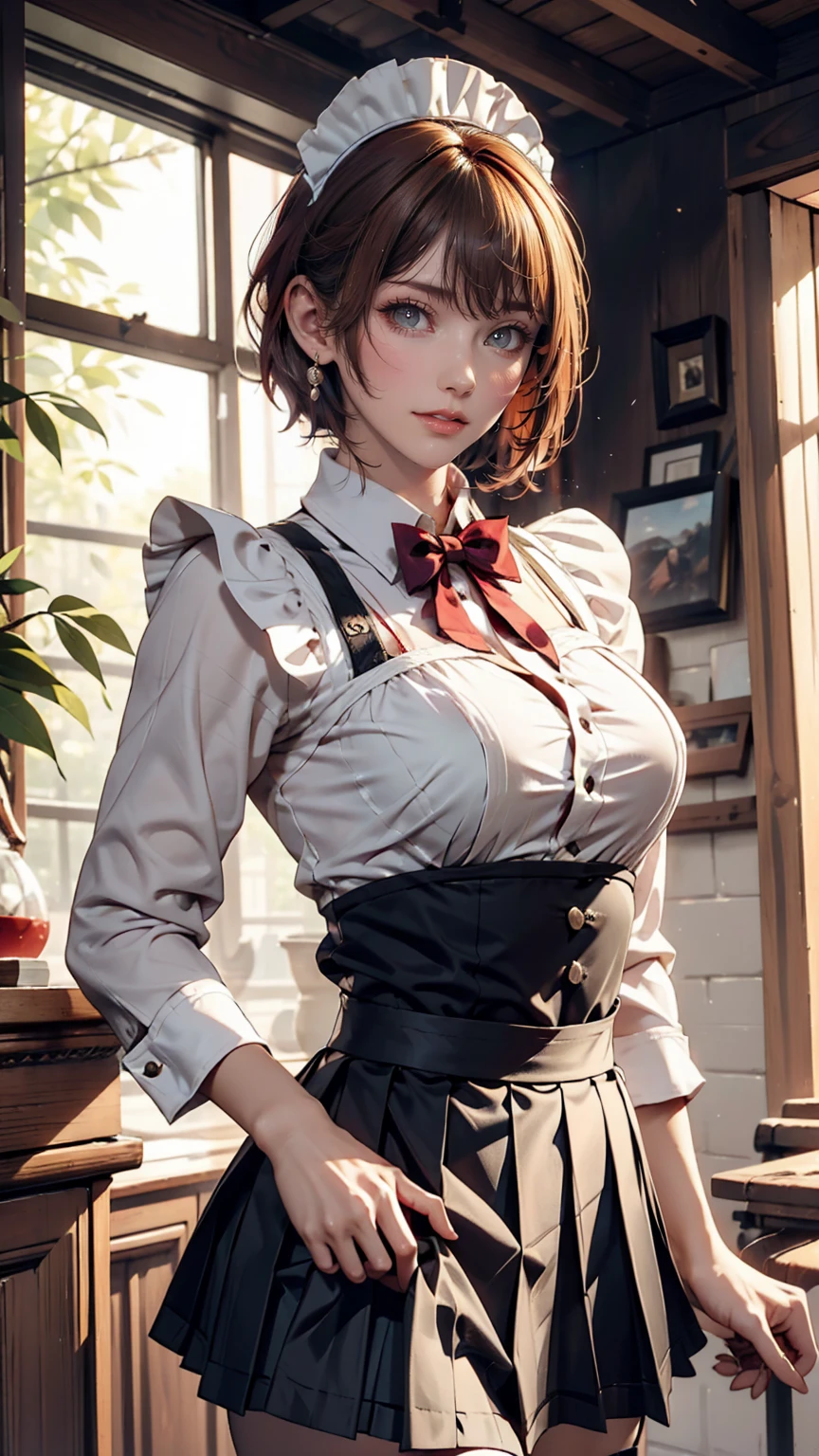 Maid, Blonde, Purple eyes, smile、Headdresaid服、Red hair、Pixie Cut、Sexy proportions、Sexy、Wear a mini pleated skirt