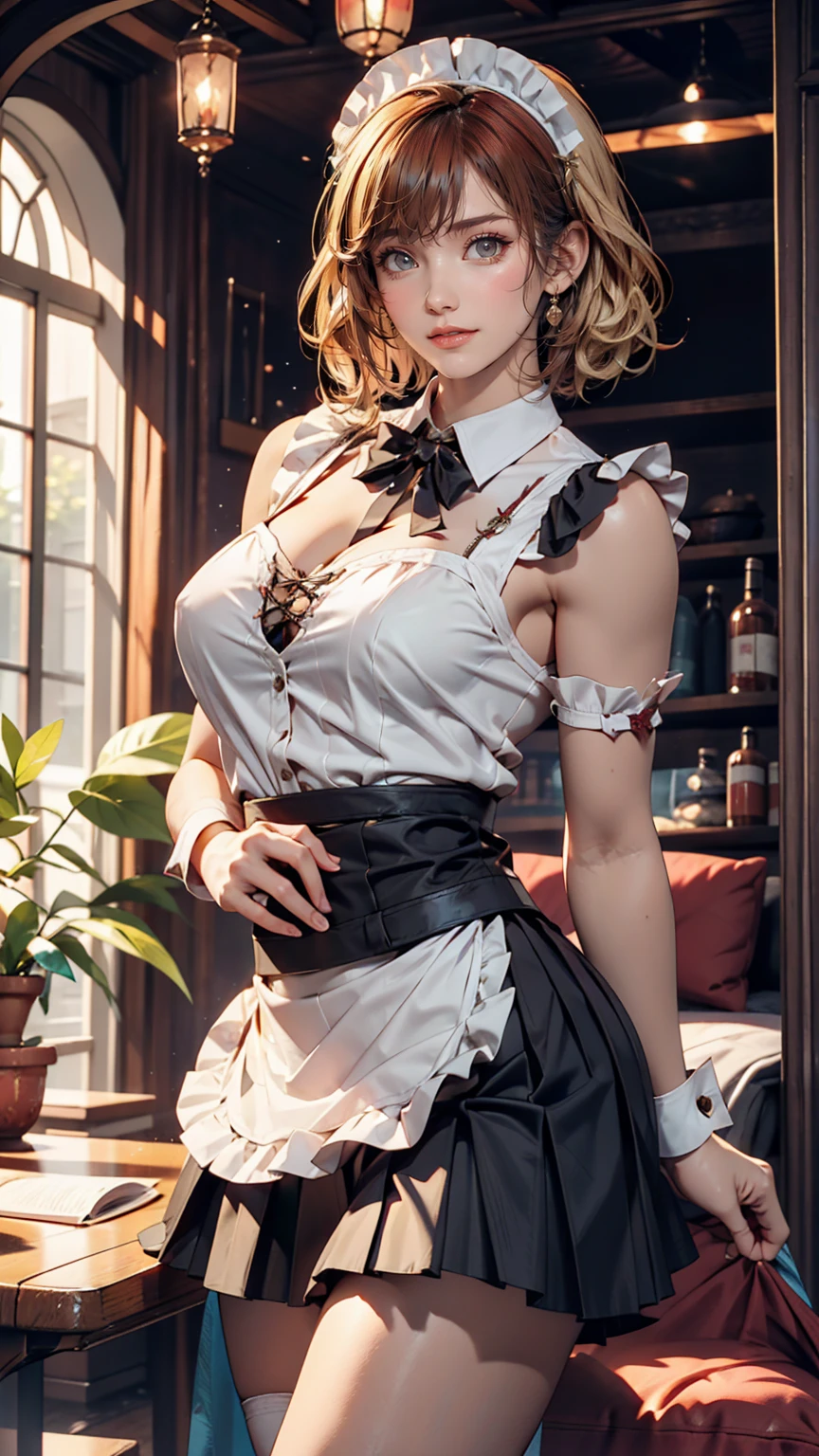 Maid, Blonde, Purple eyes, smile、Headdresaid服、Red hair、Pixie Cut、Sexy proportions、Sexy、Wear a mini pleated skirt