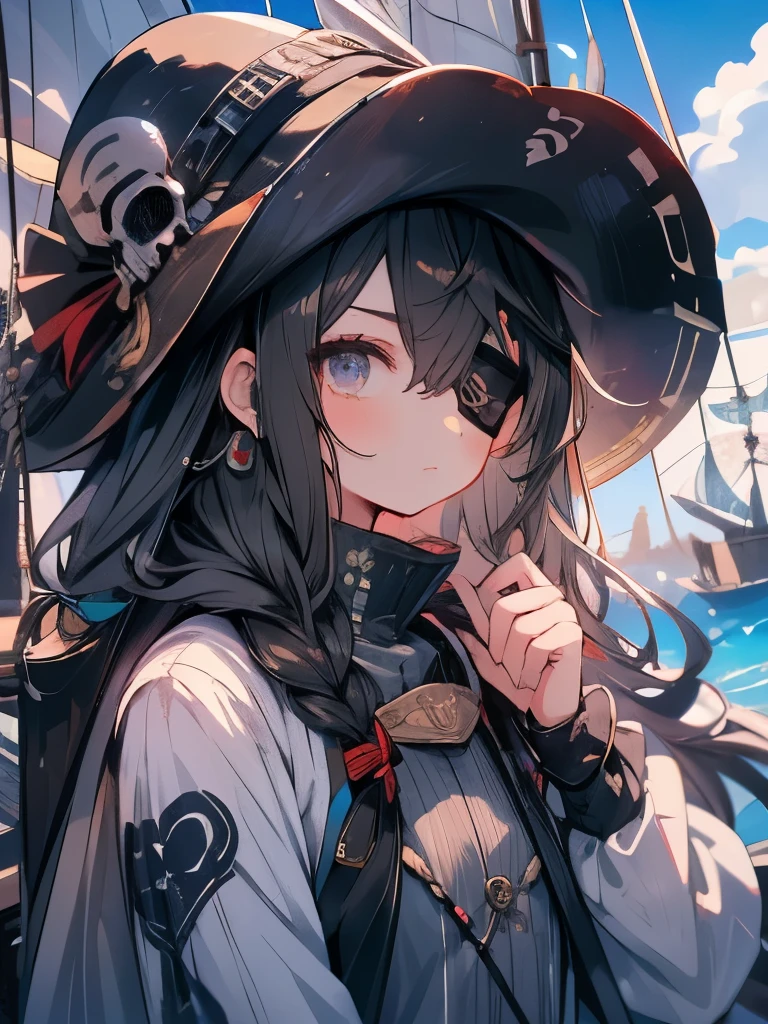 masterpiece、girl、Black Hair、Ocean賊の服、Wear a tricorn hat、((Black eyepatch))、Skull mark、Serious face、Ocean、On the boat、Upper Body