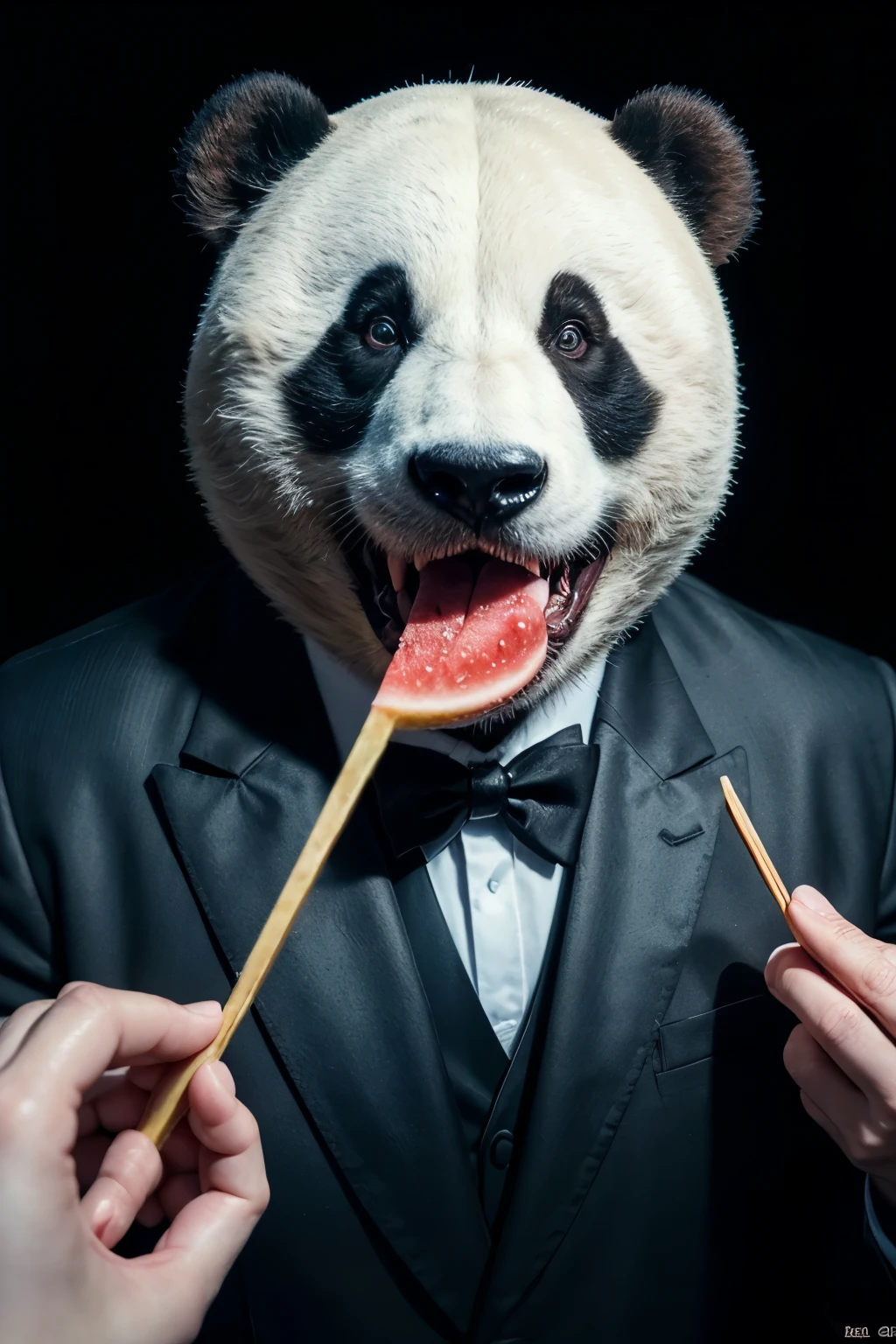 1 giant panda bear,black tuxedo suit,eating a slice of watermelon,highly detailed,realistic,photorealistic,ultra-detailed, (best quality,4k,8k,highres,masterpiece:1.2),ultra-detailed,(realistic,photorealistic,photo-realistic:1.37),intricate details,lifelike,incredibly realistic,sharp focus,studio lighting,vivid colors,natural lighting