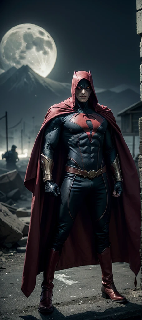 { "Incite": "Create a full-body image of a superhero with a mysterious and intense aura, combining Spawn elements. The superhero should have a similar aesthetic to Moon Knight, but with a black and red primary color scheme. The character must have a dark and intriguing presence, with elegant, modern armor and a flowing cape. Focus in the dark, hmm fearless hero, using a giant sword in his hands.