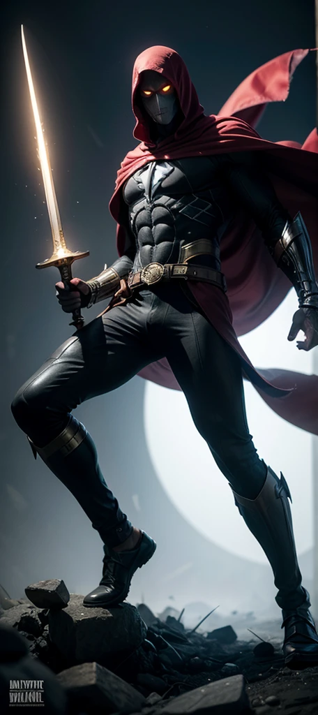 { "Incite": "Create a full-body image of a superhero with a mysterious and intense aura, combining Spawn elements. The superhero should have a similar aesthetic to Moon Knight, but with a black and red primary color scheme. The character must have a dark and intriguing presence, with elegant, modern armor and a flowing cape. Focus in the dark, hmm fearless hero, using a giant sword in his hands.