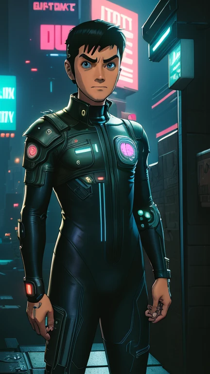 best quality,masterpiece,1boy,solo,(((13years old))),japanese boy,an extremely cute and handsome hoy,highly detailed handsome face and eyes,petit,cute face,lovely face,baby face,shy smile,show teeth, black hair with grey Highlight,short hair,flat chest,skinny,slender,(((Rock Lee wearing Cyberpunk Bodysuit))),(((standing in Dark Midnight Neon Glow light Cyberpunk Gotham city))),he is looking at the viewer,jdgdrddcom