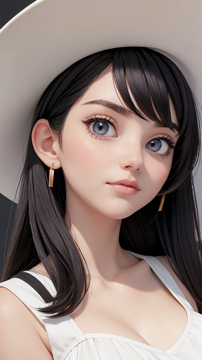 (best quality, masterpiece, perfect face) black hair, 18 years old pale girl, small bust, white sundress, H-cup, big white hat
