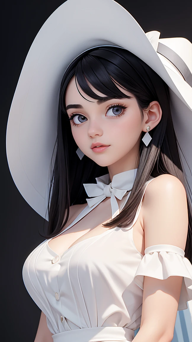 (best quality, masterpiece, perfect face) black hair, 18 years old pale girl, small bust, white sundress, H-cup, big white hat