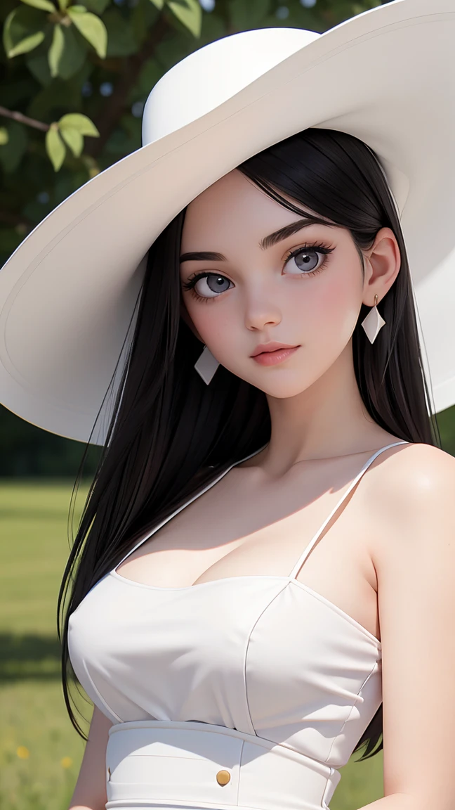 (best quality, masterpiece, perfect face) black hair, 18 years old pale girl, small bust, white sundress, H-cup, big white hat
