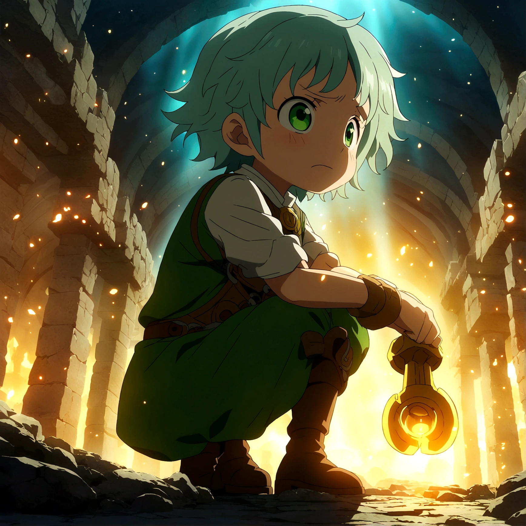 Young dwarf, gray-green hair, no beard, emerald green eyes, small hammer in hand, blacksmith outfit, rune forge setting, shy expression, "Anime inspired by One Piece, filled with dramatic and incredible lighting, dramatic lighting, infused with creative details, ultra-fine 2D design, scenery bathed in creativity, bathed in creativity, boasting HD anime resolution clarity, HD anime graphics, high-octane rendering"