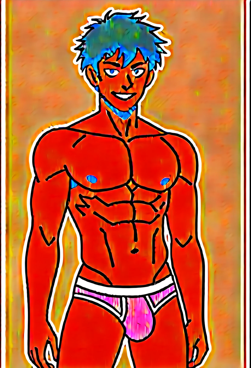 muscular black man, around 30 years old, with short black hair, expressive eyes and a seductive smile. He is wearing wet underwear and because of that they are transparent, which reveals his huge and well-defined penis. The sunlight illuminates your tanned skin, highlighting the defined muscles of your body. He's facing the camera, staring at her with a provocative look and with his hand inside his underwear, making it clear that you are ready for a sensual adventure."