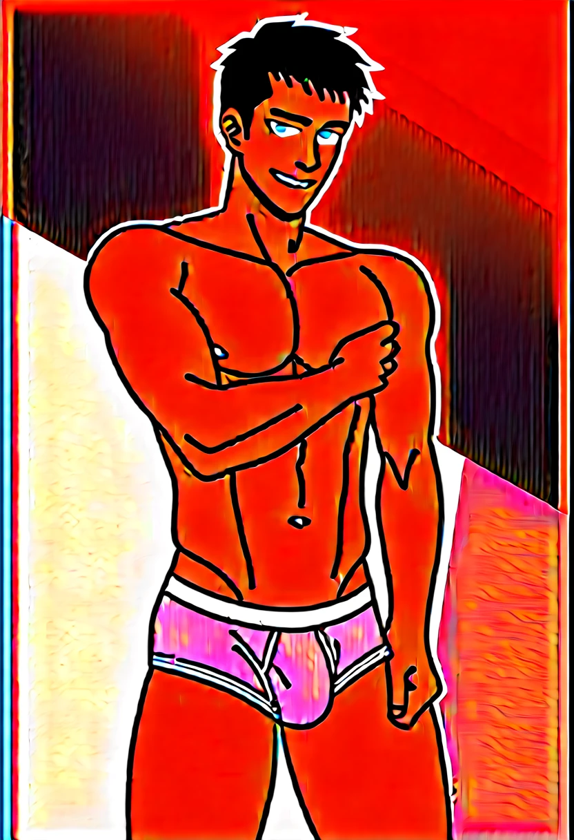 muscular black man, around 30 years old, with short black hair, expressive eyes and a seductive smile. He is wearing wet underwear and because of that they are transparent, which reveals his huge and well-defined penis. The sunlight illuminates your tanned skin, highlighting the defined muscles of your body. He's facing the camera, staring at her with a provocative look and with his hand inside his underwear, making it clear that you are ready for a sensual adventure."