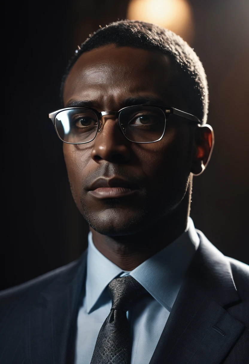 a dark-skinned man with glasses, authority profile, close-up shot, serious expression, wearing a suit and tie, looking directly at the camera, dramatic lighting, moody atmosphere, high contrast, cinematic, award-winning portrait, masterpiece, (best quality,4k,8k,highres,masterpiece:1.2),ultra-detailed,(realistic,photorealistic,photo-realistic:1.37),dramatic lighting,chiaroscuro,powerful presence