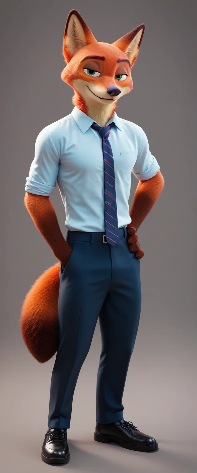 check_9, check_8_up, check_7_up, rating_safe,source_fluffy,antro,source_3d, Nick Wilde, male muscular falcon (fursuit version) looking at viewer gesture of peace and love (standard tuxedo, tie shoes,for a lawyer&#39;s work, ultra realistic, almost looks like a person,Blue eyes