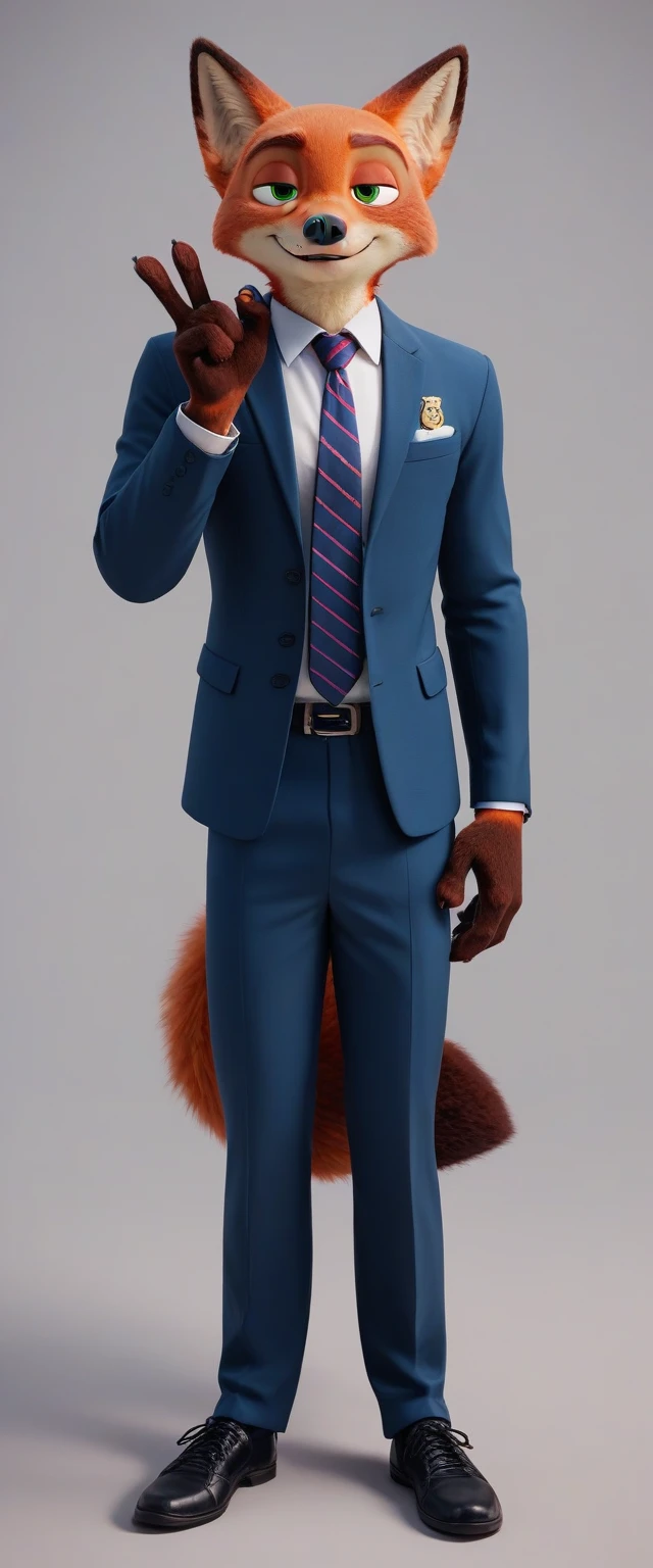 check_9, check_8_up, check_7_up, rating_safe,source_fluffy,antro,source_3d, Nick Wilde, male muscular falcon (fursuit version) looking at viewer gesture of peace and love (standard tuxedo, tie shoes,for a lawyer&#39;s work, ultra realistic, almost looks like a person,Blue eyes