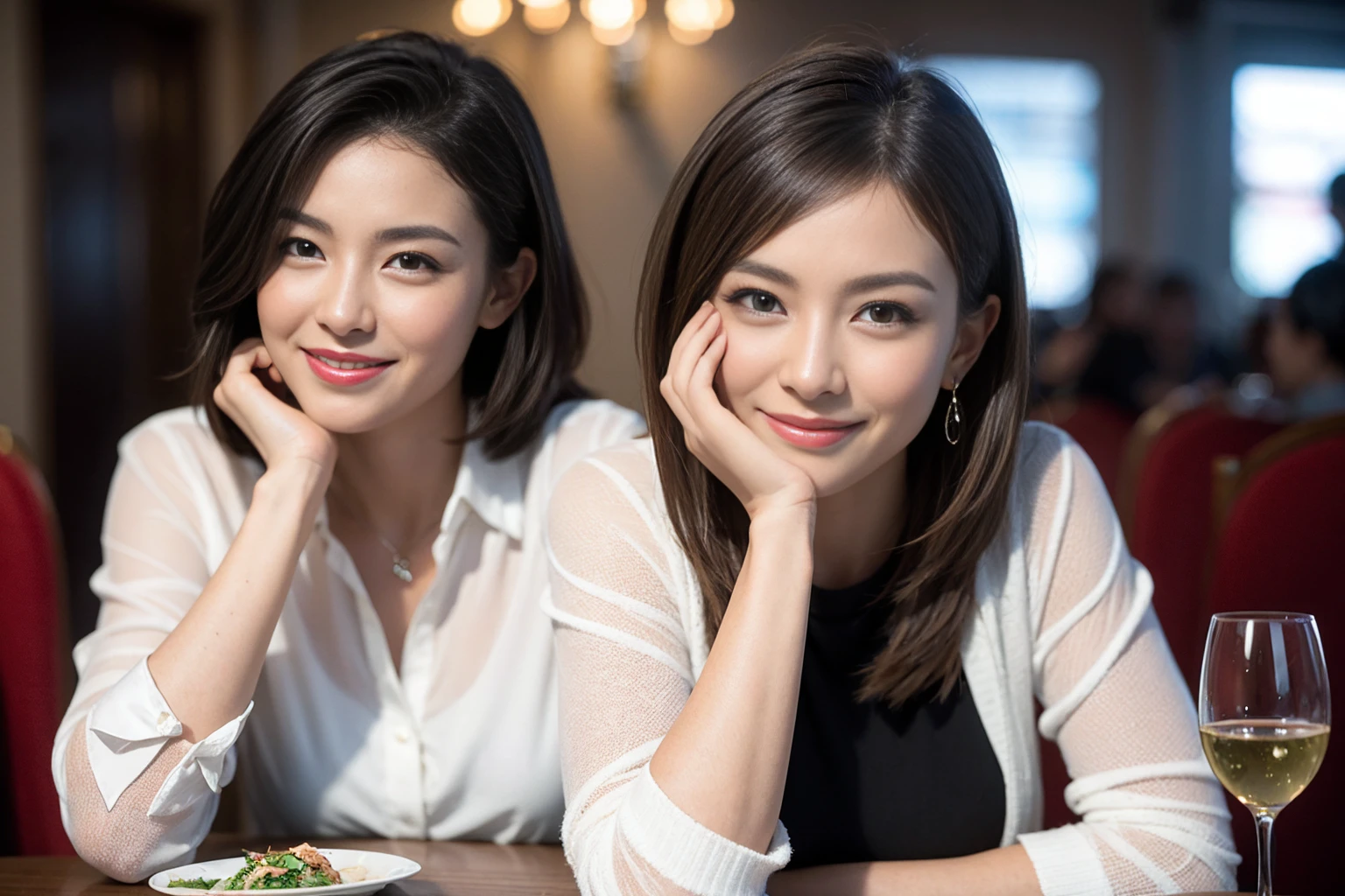 ((Highest quality、8K、masterpiece:1.3))、slimカップル、modelカップル、(Realistic, Intricate details:1.2), full-course dinner、Wine Party、Amazing view of the sunset sky and clouds、A bright smile、The wonderfulness of smile、Bright image、The beauty of wine, Beautiful Face, blue eyes, The light shines on your face, Blushing, short hair,Bright Face、 (Age 37), 39 years old, red wine 、Appetizers、Italian food、Wine bottle、Champagne、sparkling wine、Two beauties、Brown Hair、Shortcuts、Long sleeve shirt、dress、Beautiful woman 1, (slimな顔), (The body is slim), (Brown Hair), (Shortcuts), cheeks turn a little red,Attractive beauty、restaurant, In a prominent place (From the waist up) Nova Frog Style, actress, model, Upper Body, White wine, slim, wine glass, 中央に置かれたwine glass, smile, (smile: 1.15), Beautiful fine grain, Depth f/2,saturation, High Contrast, Strong light and shadow,Moist Body:1.5、3D texture、Delicate eyes、Brown Hair、The hair is very shiny、