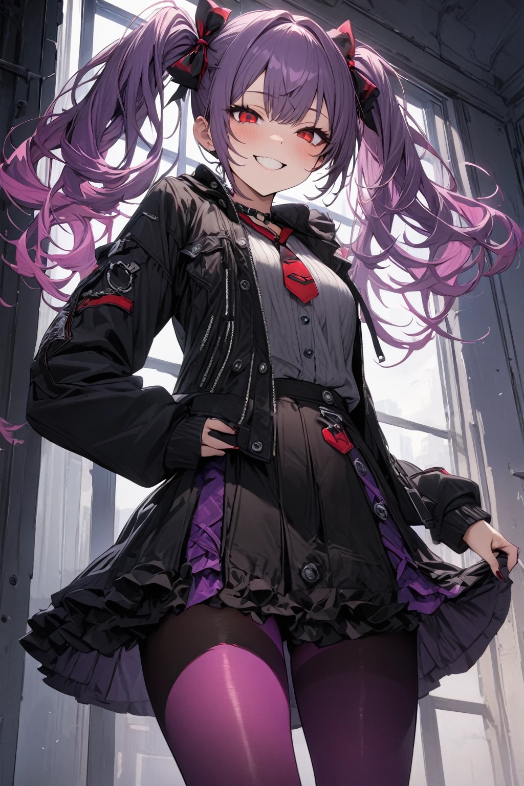 masterpiece, best quality, ultra detailed, solo, sexy girl, violet hair, red eyes, skirt, casual jacket, playful smile, gradation tights, twintails, gothic lolita