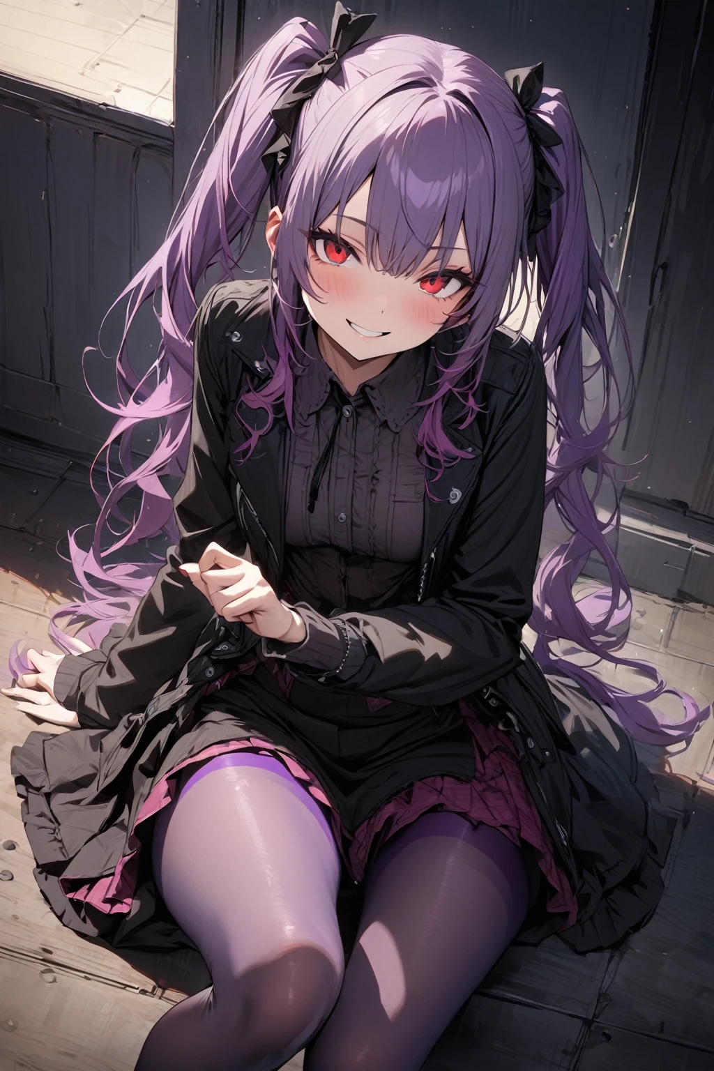 masterpiece, best quality, ultra detailed, solo, sexy girl, violet hair, red eyes, skirt, casual jacket, playful smile, gradation tights, twintails, gothic lolita
