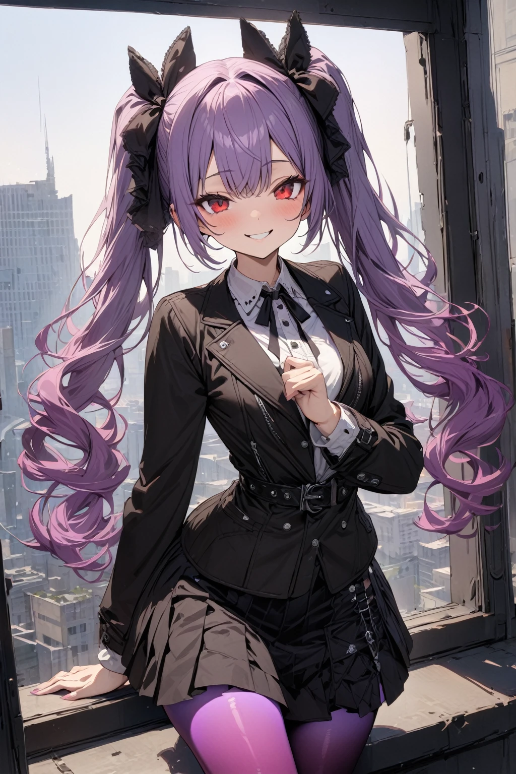 masterpiece, best quality, ultra detailed, solo, sexy girl, violet hair, red eyes, skirt, casual jacket, playful smile, gradation tights, twintails, gothic lolita