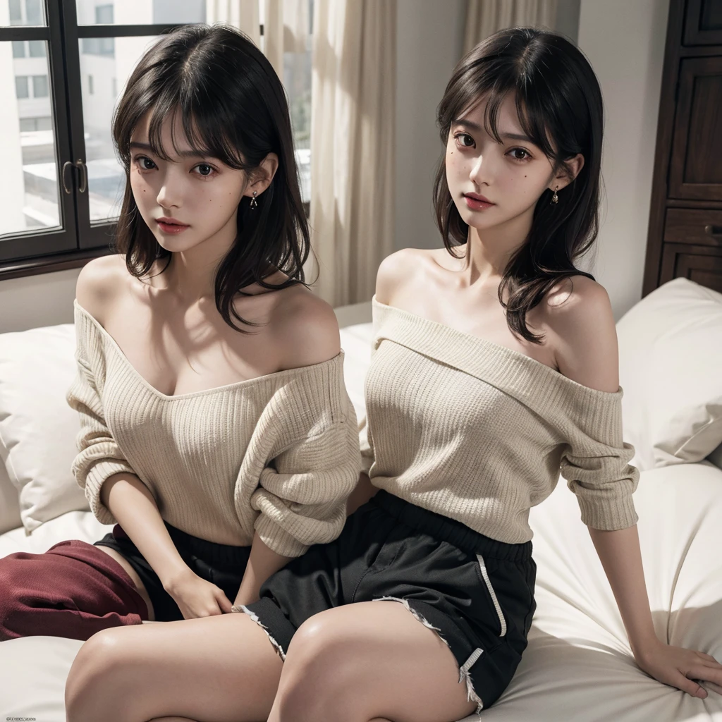 absurdres, RAW photo, extremely delicate and beautiful, masterpiece, Best Quality, ultra high resolution, 32k, hyperrealistic, ultra-detailed, in her 20s, delicate facial features, beautiful detailed girl, tearful mole, earring, medium breasts, full body shot, shorter middle hair, black hair, Joggers Shorts, bare shoulder,