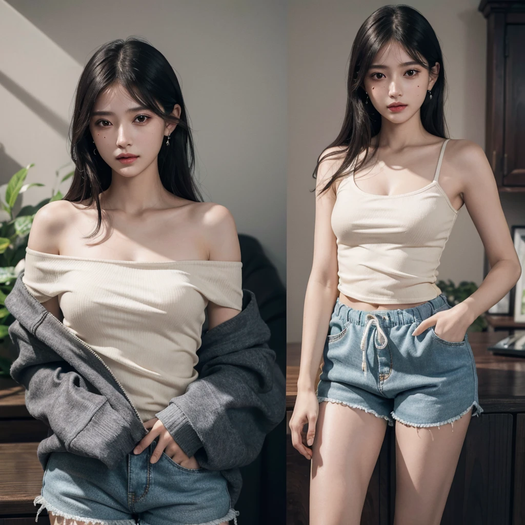 absurdres, RAW photo, extremely delicate and beautiful, masterpiece, Best Quality, ultra high resolution, 32k, hyperrealistic, ultra-detailed, in her 20s, delicate facial features, beautiful detailed girl, tearful mole, earring, medium breasts, full body shot, shorter middle hair, black hair, Joggers Shorts, bare shoulder,