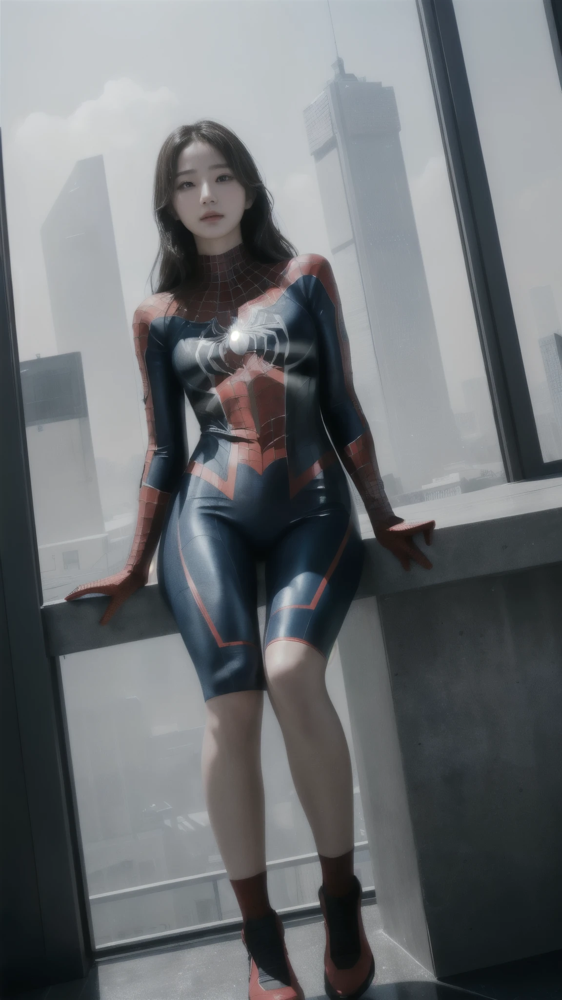 (1 woman:1.3), alone, (((Very detailed face)))), ((very detailed 눈과 얼굴)))), beautiful 디테일의 눈, body parts__, official art, Integrated 8K wallpaper, very detailed, beautiful and beautiful, beautiful, masterpiece, best quality, original, masterpiece, very nice photo, best quality, ultra high resolution, realistic realism, sunlight, full body portrait, amazing beauty, dynamic pose, delicate face, lively eyes, (from the front), she wears a spiderman suit, red and black color scheme, spider, very detailed 도시 지붕 배경, rooftop, city view, detailed face, Detailed complex busy background, crummy, very cool, milk white, very detailed 피부, realistic skin details, visible pores, clear focus, volumetric fog, 8k words, dslr, high quality, film grain, fair skin, photo realism, lomography, Futuristic dystopian megacity, transparent