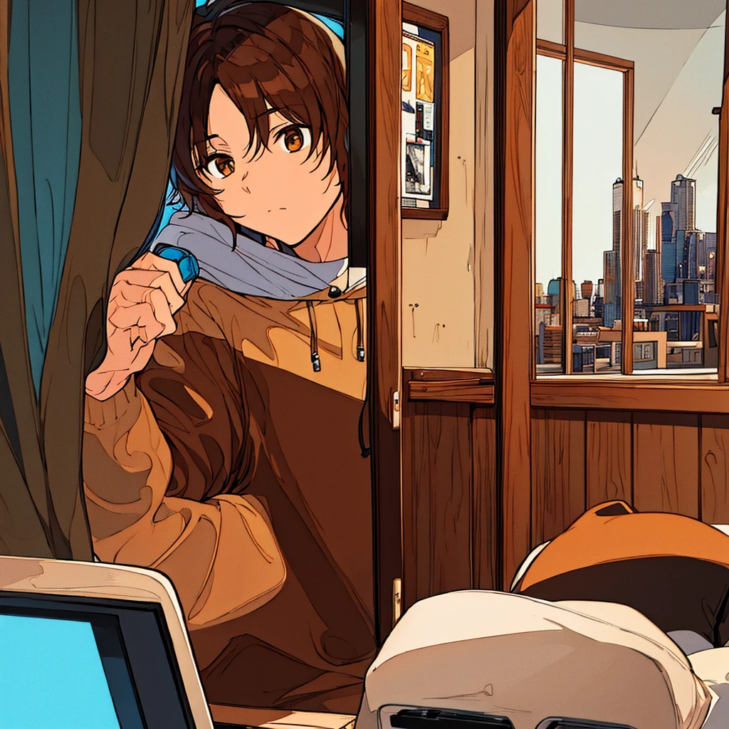 Guy with brown eyes brown hair wearing a hoodie in his room, on his computer with headphones on, window by him open to a night sky with cities, late at night