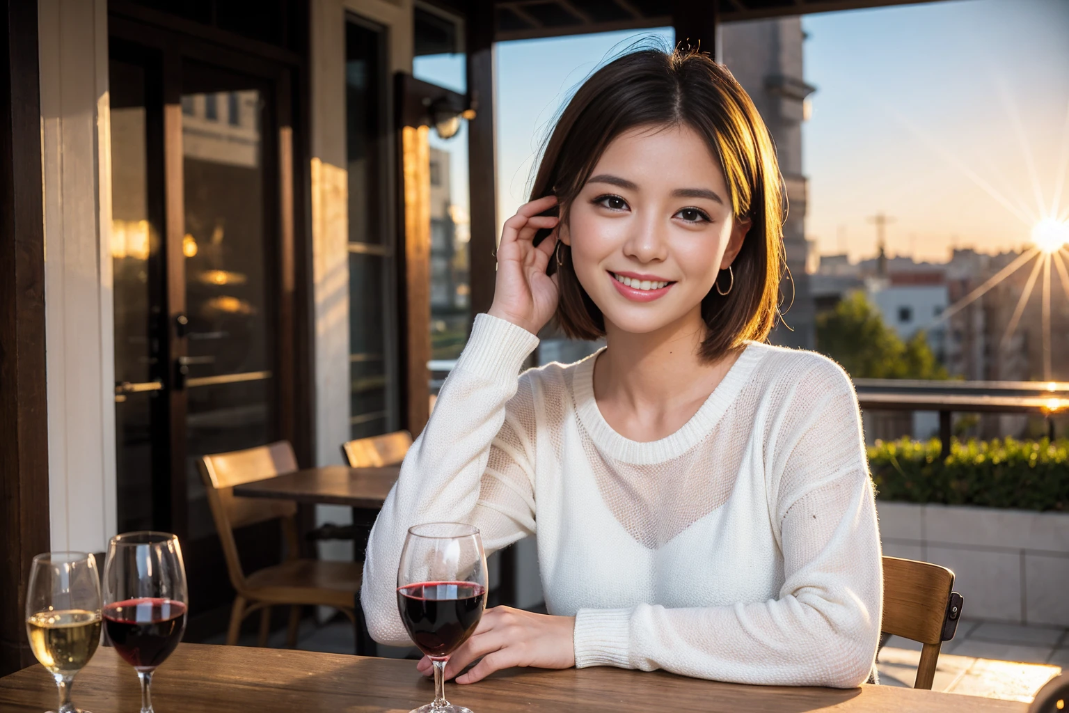 ((Highest quality、8K、masterpiece:1.3))、slimカップル、modelカップル、(Realistic, Intricate details:1.2), full-course dinner、Wine Party、Amazing view of the sunset sky and clouds、A bright smile、The wonderfulness of smile、Bright image、The beauty of wine, Beautiful Face, blue eyes, The light shines on your face, Blushing, short hair,Bright Face、 (Age 37), 39 years old, red wine 、Appetizers、Italian food、Wine bottle、Champagne、sparkling wine、Two beauties、Brown Hair、Shortcuts、Long sleeve shirt、dress、Beautiful woman 1, (slimな顔), (The body is slim), (Brown Hair), (Shortcuts), cheeks turn a little red,Attractive beauty、restaurant, In a prominent place (From the waist up) Nova Frog Style, actress, model, Upper Body, White wine, slim, wine glass, 中央に置かれたwine glass, smile, (smile: 1.15), Beautiful fine grain, Depth f/2,saturation, High Contrast, Strong light and shadow,Moist Body:1.5、3D texture、Delicate eyes、Brown Hair、The hair is very shiny、