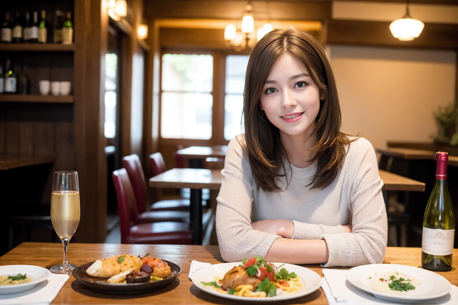 ((Highest quality、8K、masterpiece:1.3))、slimカップル、modelカップル、(Realistic, Intricate details:1.2), full-course dinner、Wine Party、Amazing view of the sunset sky and clouds、A bright smile、The wonderfulness of smile、Bright image、The beauty of wine, Beautiful Face, blue eyes, The light shines on your face, Blushing, short hair,Bright Face、 (Age 37), 39 years old, red wine 、Appetizers、Italian food、Wine bottle、Champagne、sparkling wine、Two beauties、Brown Hair、Shortcuts、Long sleeve shirt、dress、Beautiful woman 1, (slimな顔), (The body is slim), (Brown Hair), (Shortcuts), cheeks turn a little red,Attractive beauty、restaurant, In a prominent place (From the waist up) Nova Frog Style, actress, model, Upper Body, White wine, slim, wine glass, 中央に置かれたwine glass, smile, (smile: 1.15), Beautiful fine grain, Depth f/2,saturation, High Contrast, Strong light and shadow,Moist Body:1.5、3D texture、Delicate eyes、Brown Hair、The hair is very shiny、