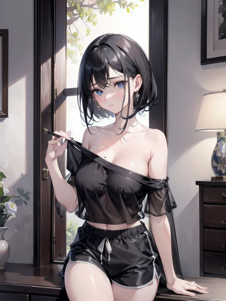 absurdres, RAW photo, extremely delicate and beautiful, masterpiece, Best Quality, ultra high resolution, 32k, hyperrealistic, ultra-detailed, in her 20s, delicate facial features, beautiful detailed girl, tearful mole, earring, medium breasts, full body shot, shorter middle hair, black hair, Joggers Shorts, bare shoulder,