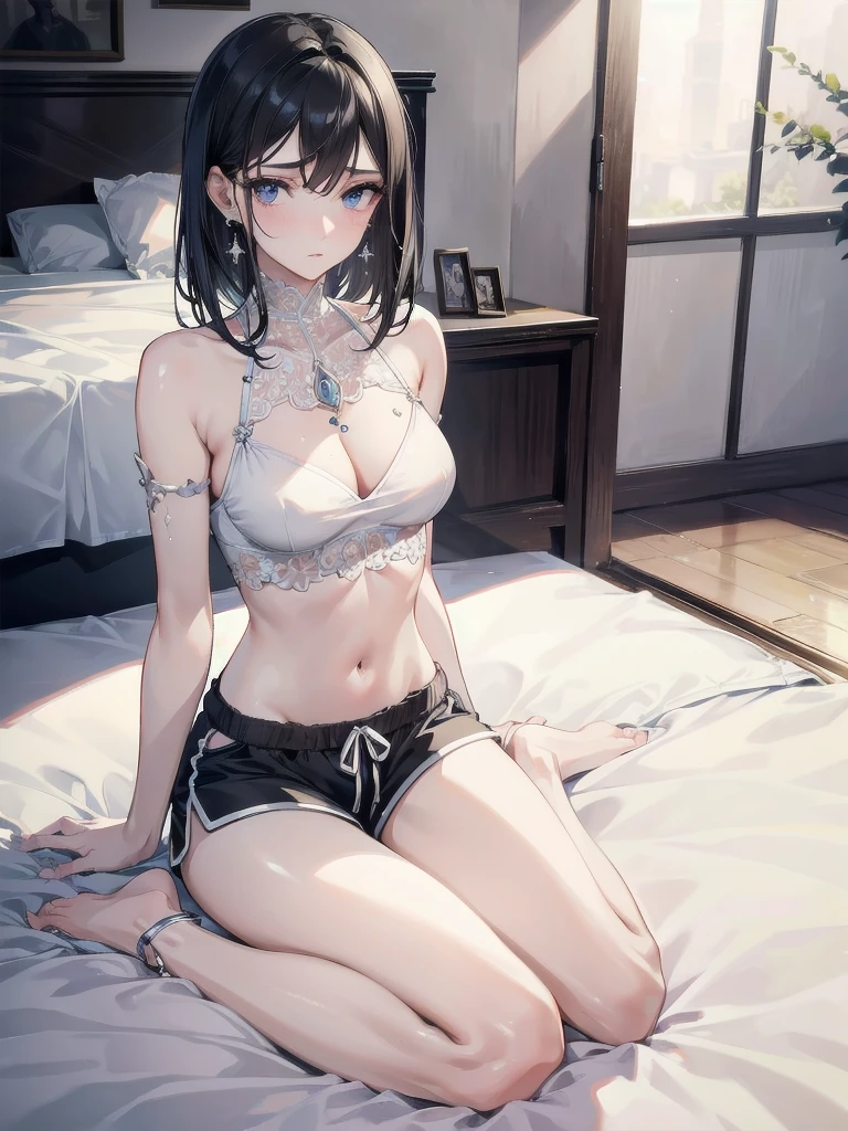 absurdres, RAW photo, extremely delicate and beautiful, masterpiece, Best Quality, ultra high resolution, 32k, hyperrealistic, ultra-detailed, in her 20s, delicate facial features, beautiful detailed girl, tearful mole, earring, medium breasts, full body shot, shorter middle hair, black hair, Joggers Shorts, bare shoulder,
