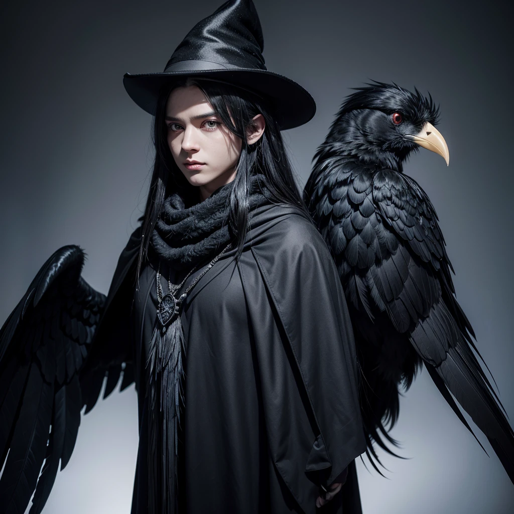 black raven, wearing a wizard's hat, holding a black wizard's shiny staff, bright white eyes, tail with long feathers, black feather scarf, long beak, horns on the hat, black feathers highlighted on the chest and back, medium long cape torn, conjuring "Abyssal"