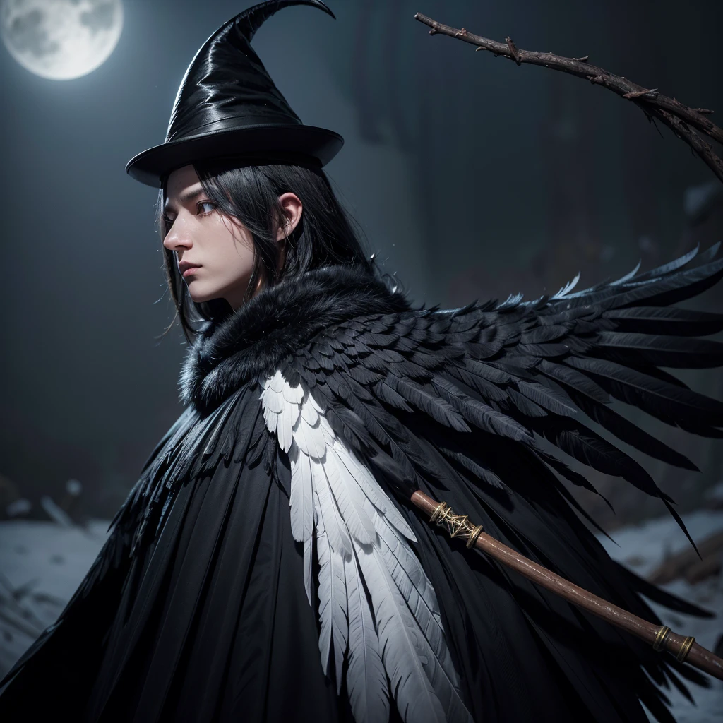 black raven, wearing a wizard's hat, holding a black wizard's shiny staff, bright white eyes, tail with long feathers, black feather scarf, long beak, horns on the hat, black feathers highlighted on the chest and back, medium long cape torn, conjuring "Abyssal"