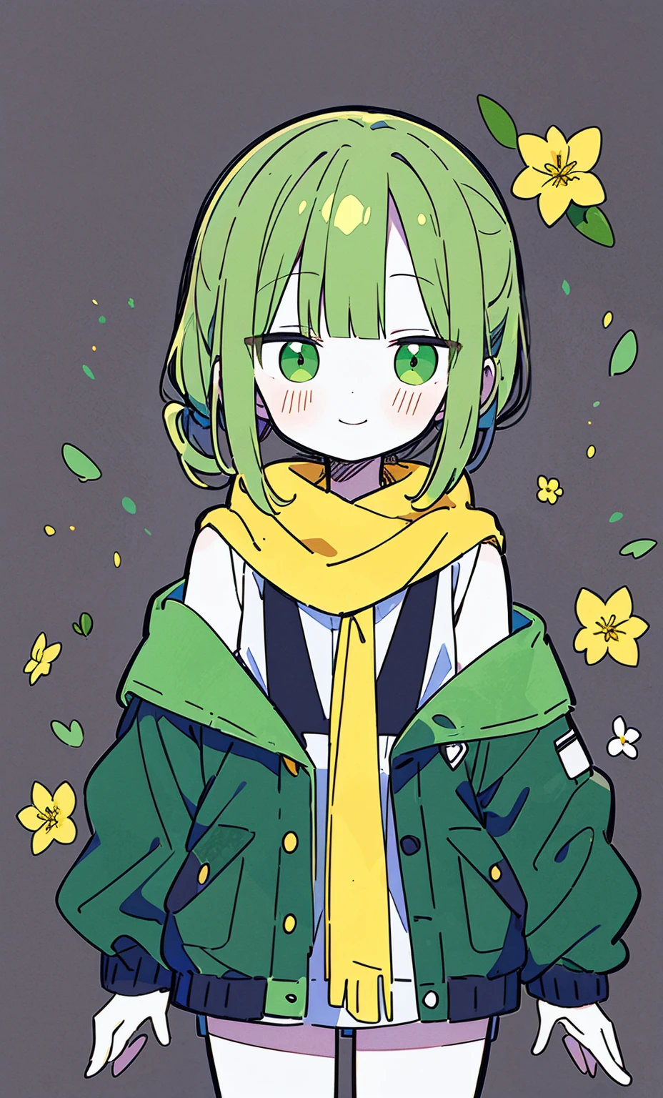 white skin, short man, green eyes, masterpiece, punk jacket, white shirt,, open shoulders, Open sleeve, light smile, yellowflower, quiet, restrained, (concept art)，（Brown single ponytail），（yellow scarf），Dark green windbreaker