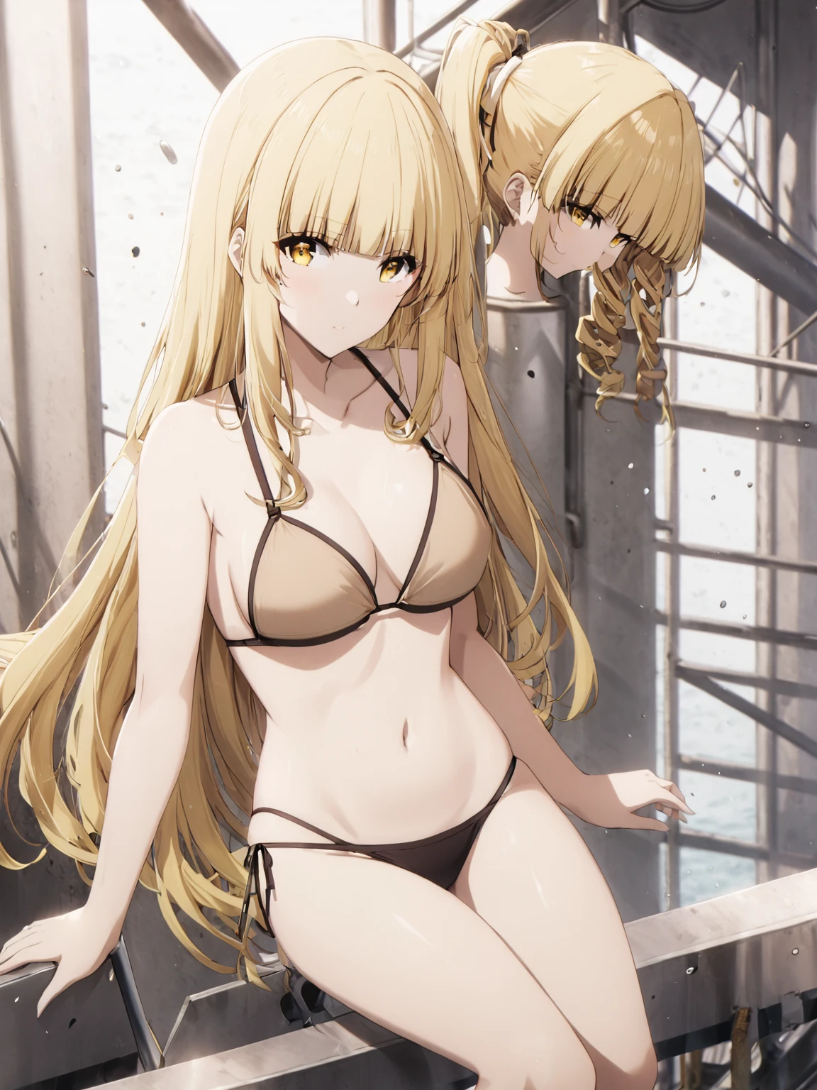 oriana rose, long hair, blonde hair, yellow eyes, drill hair, bangs, blunt bangs,bikini
